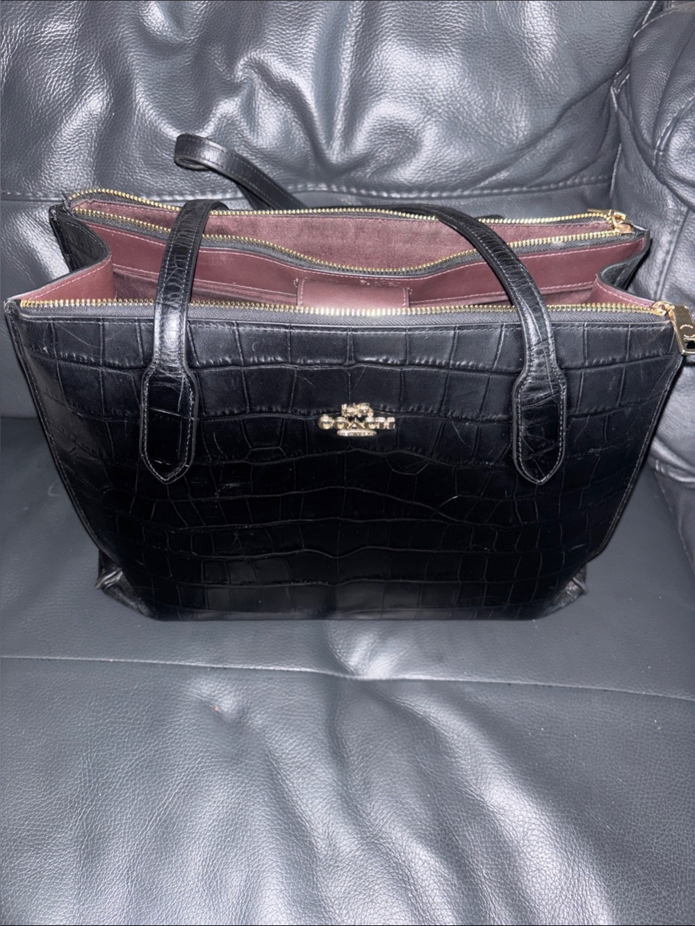 Coach Black Croc-Embossed Leather Tote with Gold Logo